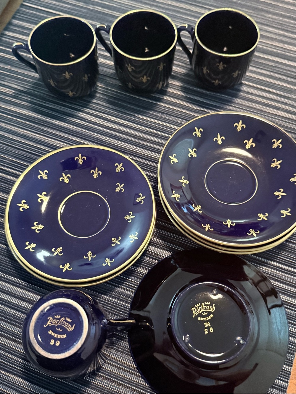Deep Blue Mugs and Saucers with Gold Fleur-de-Lis Trim